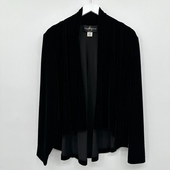 Vintage JS Collections Jacket Cardigan Size Medium‎ Stretch Black Velvet Flowy - Picture 1 of 11